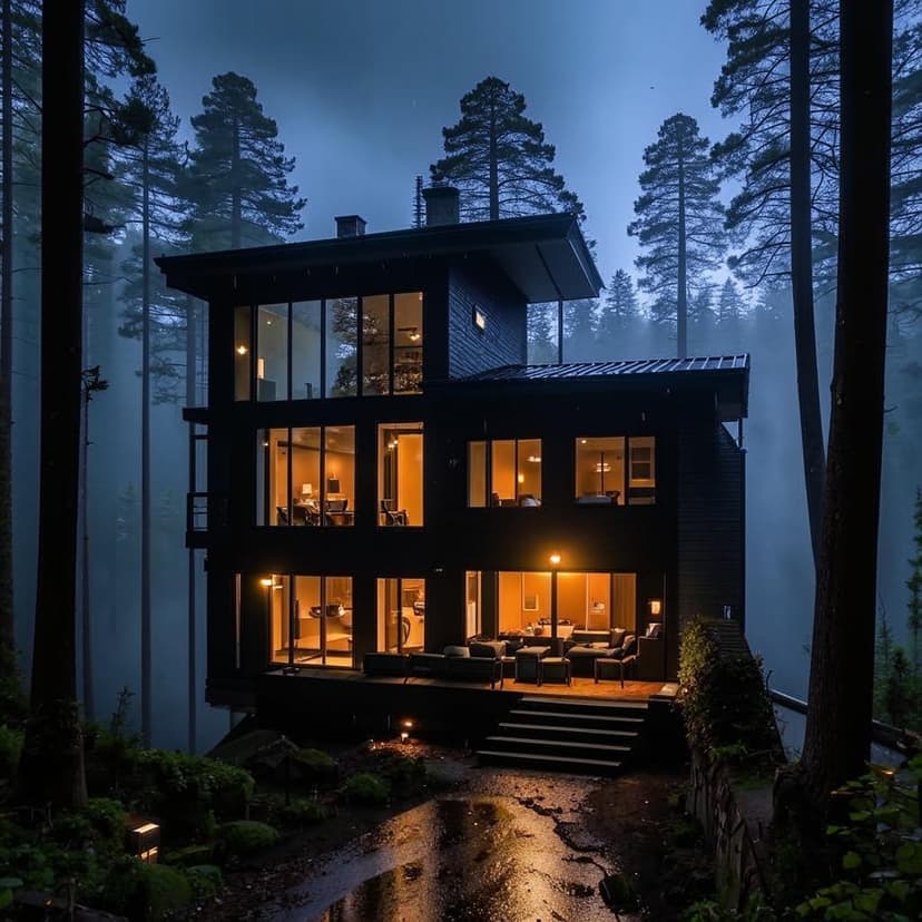A luxury modern two-story cabin deep in a secluded forest