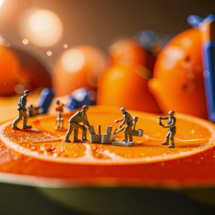 Hyper-realistic macro shot of miniature construction workers carefully loading a giant mandarin slice into an oversized