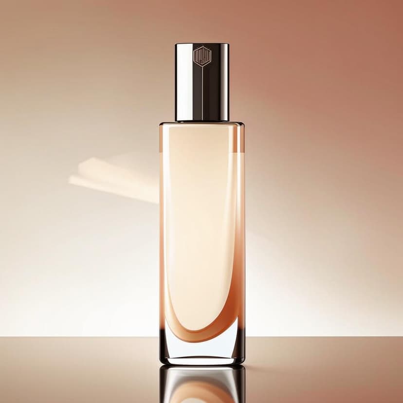 A modern cosmetic product poster showcasing a translucent bottle with a sleek mirrored cap