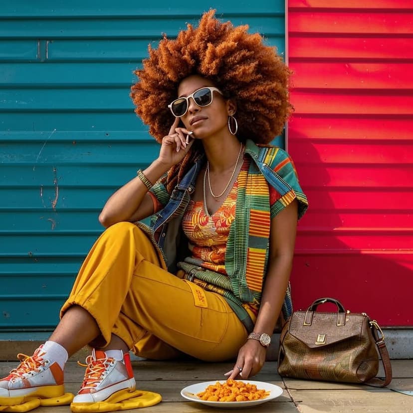 A mixed race urban 30 year old woman with a big copper brown afro. Wearing modern colourful clothes
