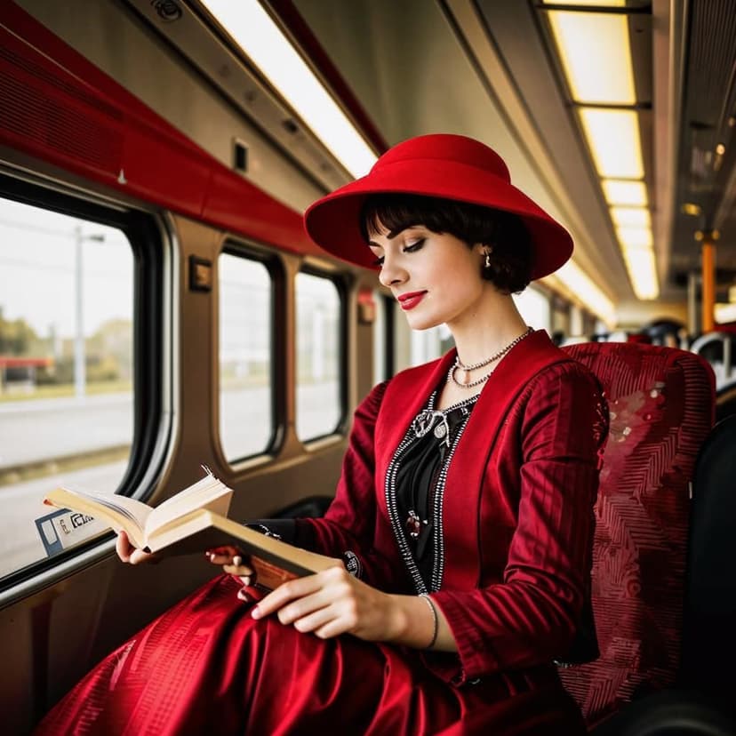 elegant brunette with short dark hair wearing a red cloche hat