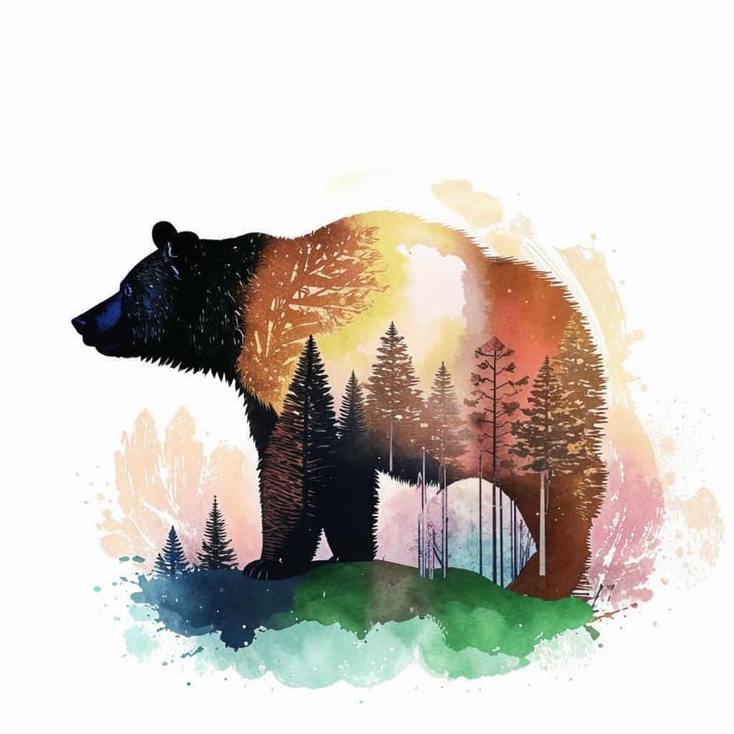 Double exposure of a bear silhouette and a forest with a sunset