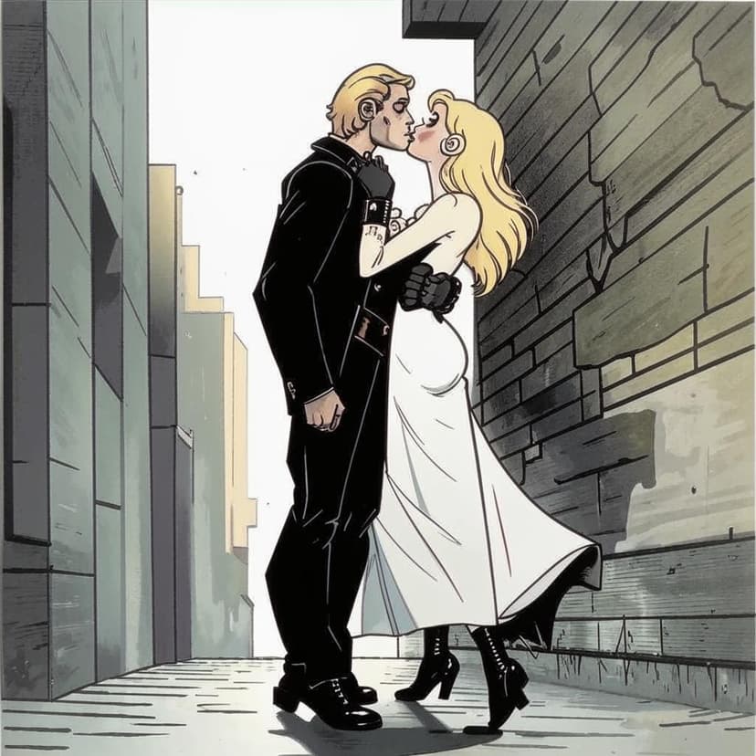 Create an illustration of gothic male and blonde female from Don Bluth kissing. Gothic male has grey and black suit wearing a spiked black boots. The female blonde is white silk gown. The couple is kissing while leaning against the wall. She is pulling him close to her. He is pushing her against the wall. Romance in the alley