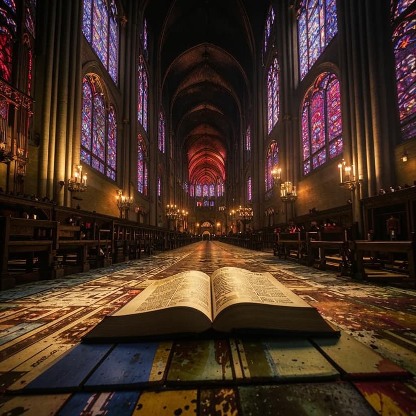 First-person perspective of attending a medieval mass inside Notre Dame de Paris. Your hands clutch a small