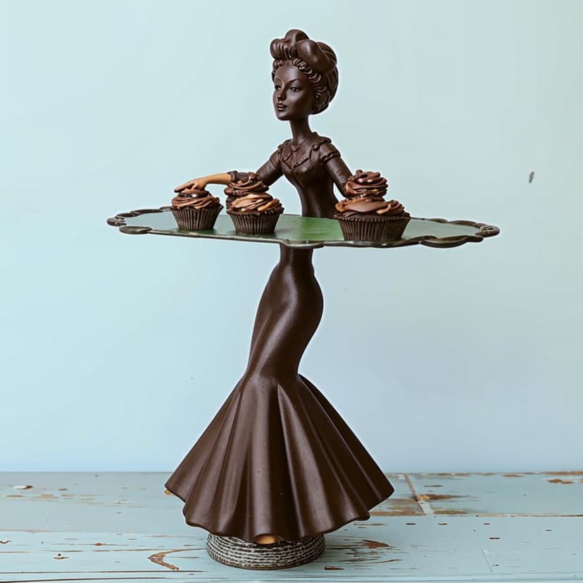 It is a vintage piece of rusty iron art with a 1950s American woman in THE middle holding a tray with four cakes on it