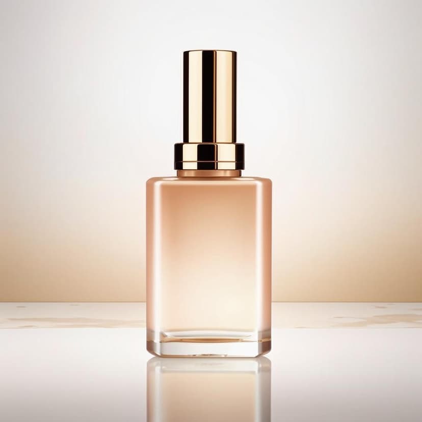 A modern cosmetic product poster showcasing a translucent bottle with a sleek mirrored cap