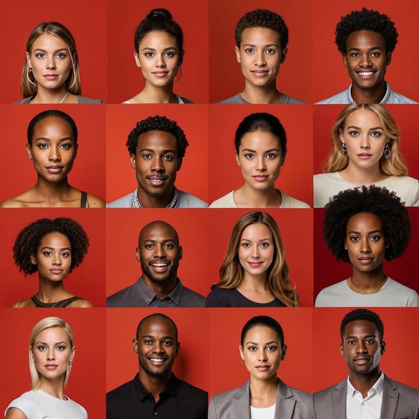 A grid of hyper-realistic portrait photos featuring diverse men and women