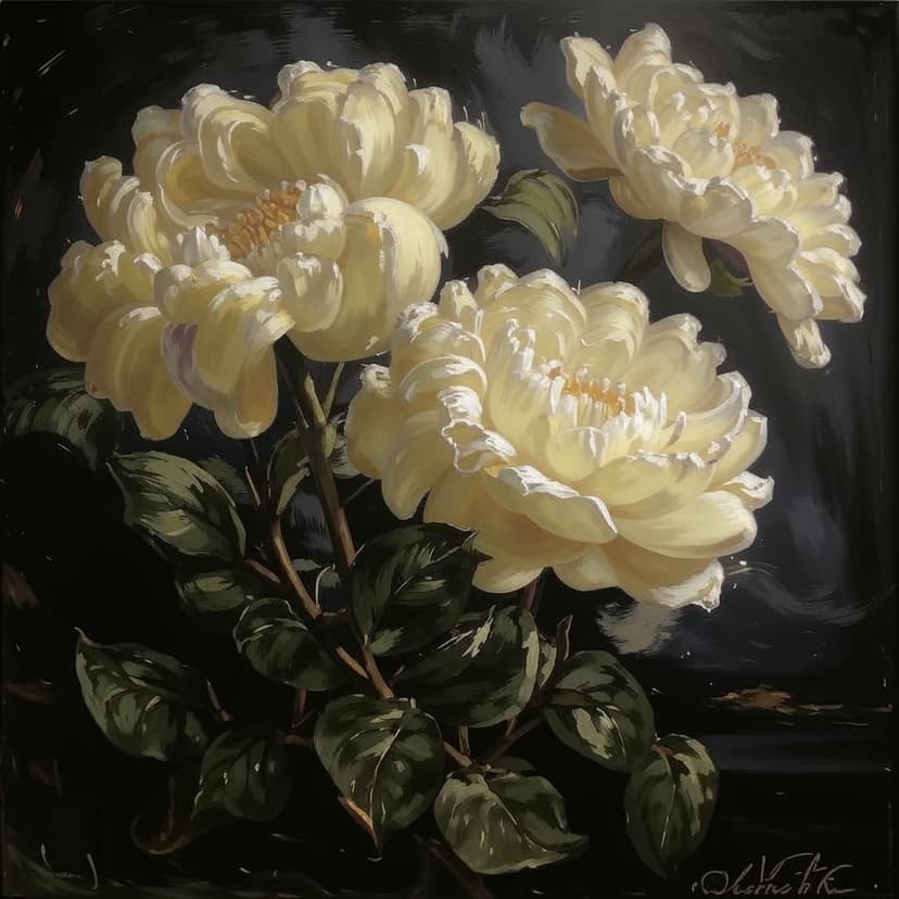 A textured oil painting of cream large mum florals with a vintage aesthetic