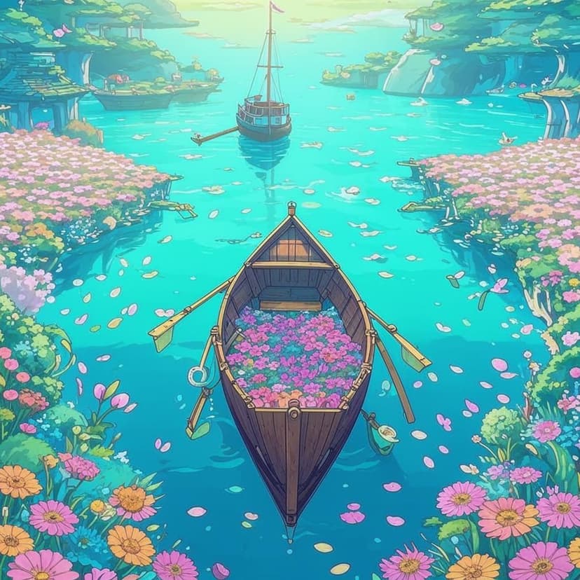 The boat is in the middle of an ocean full with flowers