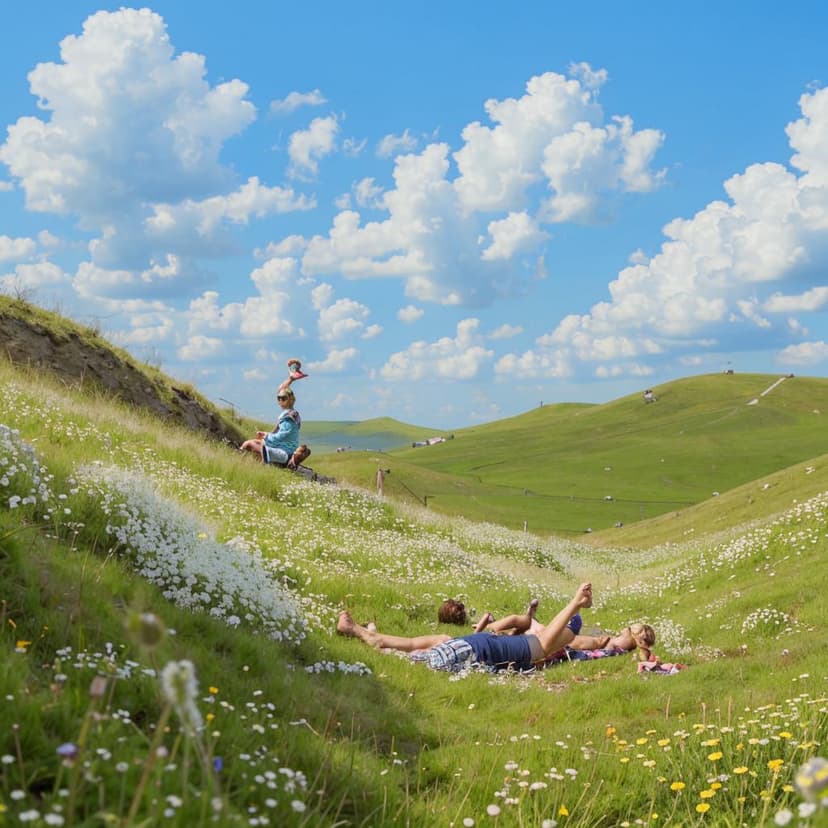sloping hillside covered with grass and flower