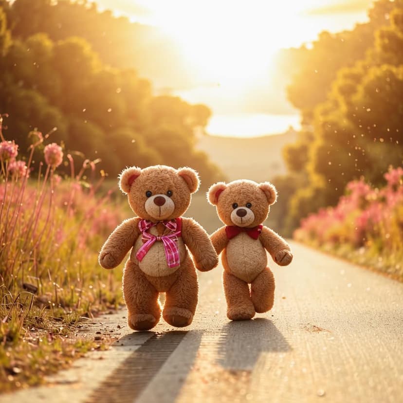 a teddy bear holding hands with another teady bear with a pink hair bow