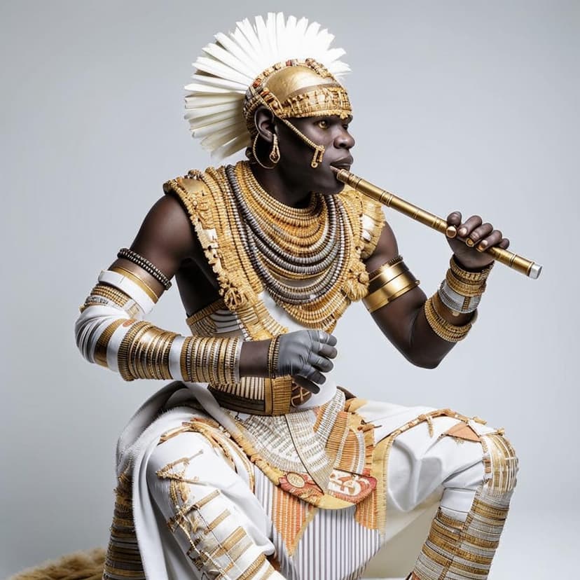 white marble and gold zulu ape warrior with decorated african armor against a solid white colour background