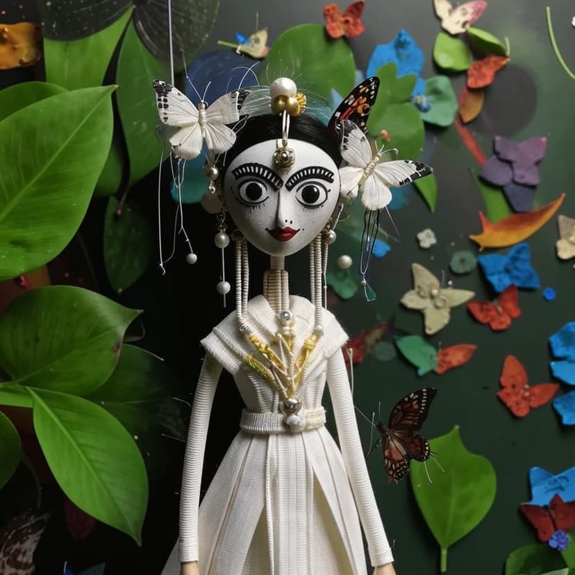 Stop-motion animation handmade puppet of tall slim frida kahlo in a white linen dress with intricate white embroideries