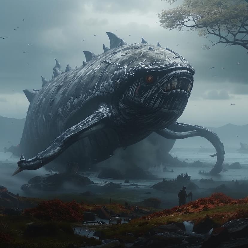 A towering whale entity rises with flowers from the depths of the murky battlefield