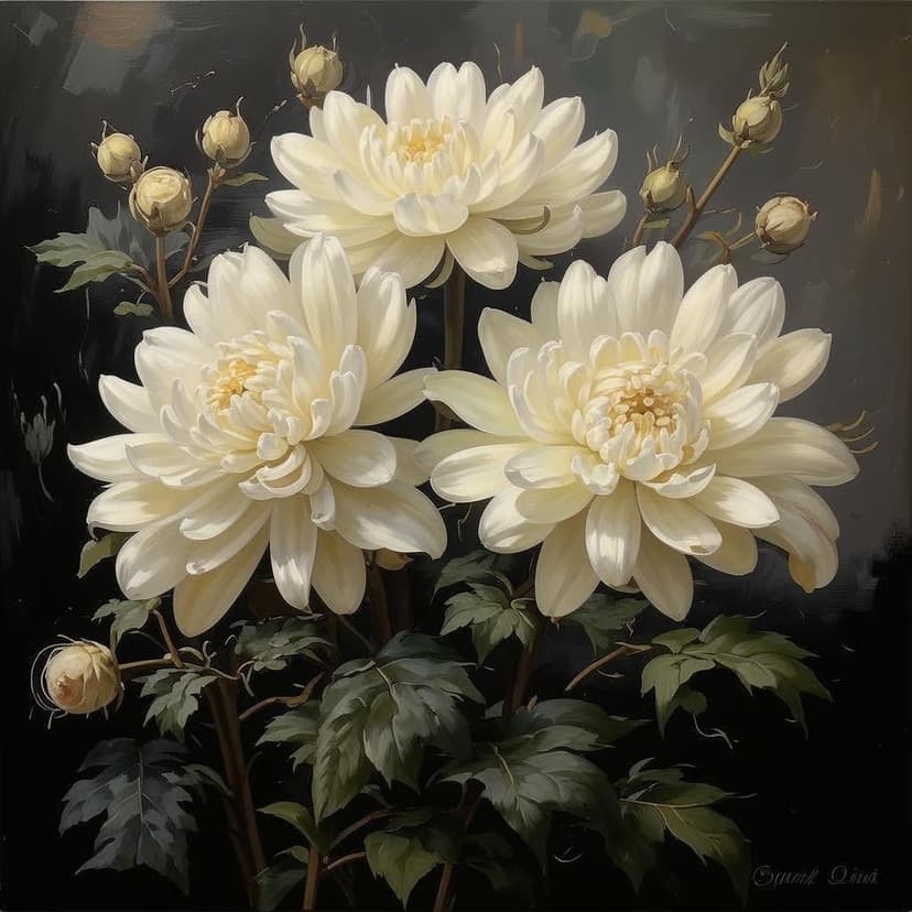 A textured oil painting of cream large mum florals with a vintage aesthetic