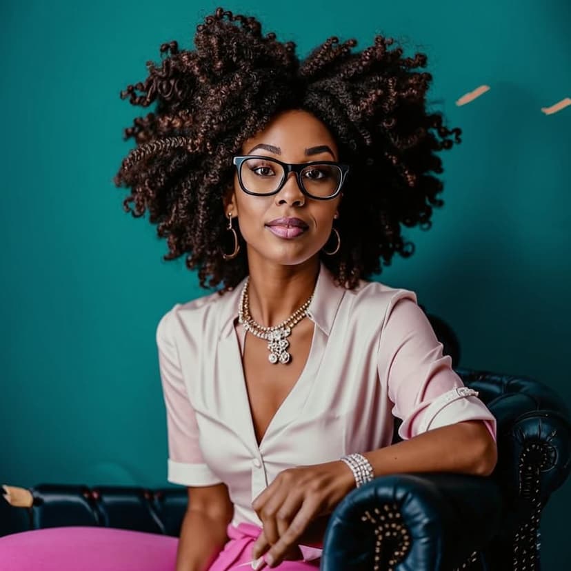 large view of a beautiful curly black woman with glasses