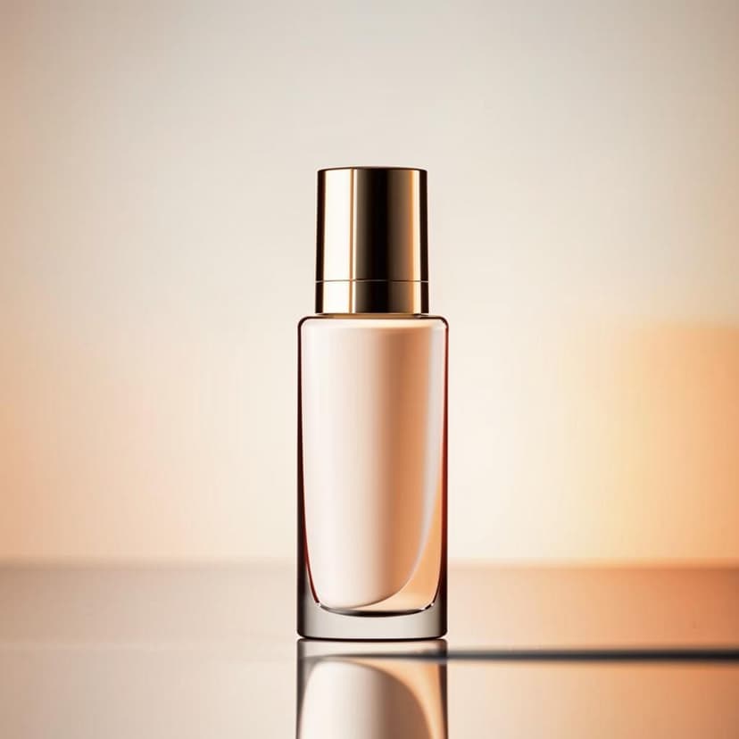 A modern cosmetic product poster showcasing a translucent bottle with a sleek mirrored cap