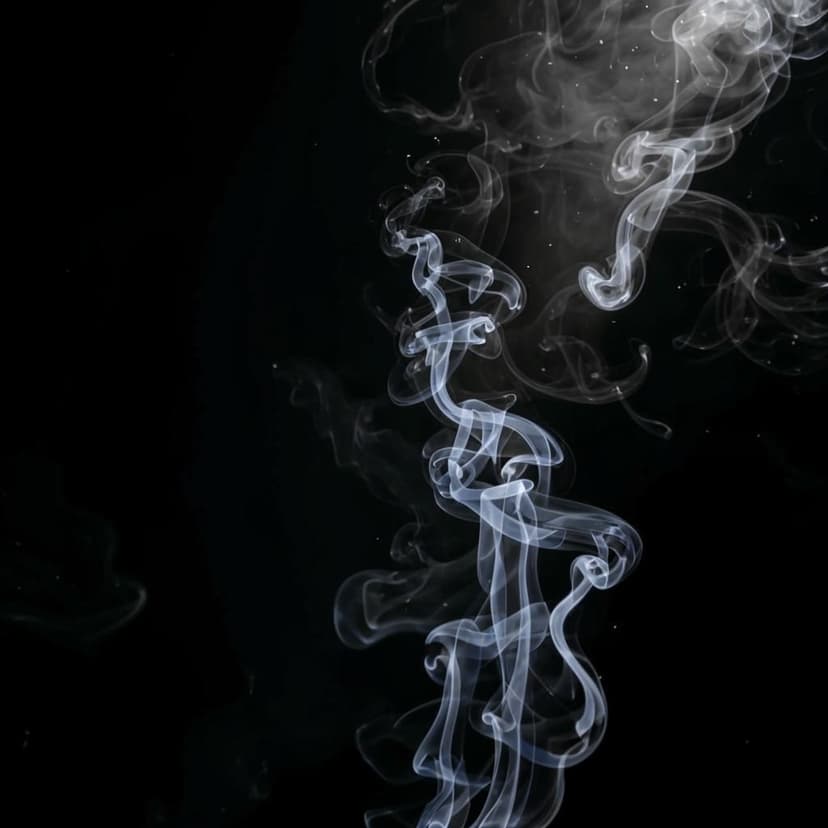 Ghostly figures of people rising upward in the form of smoke against a black background