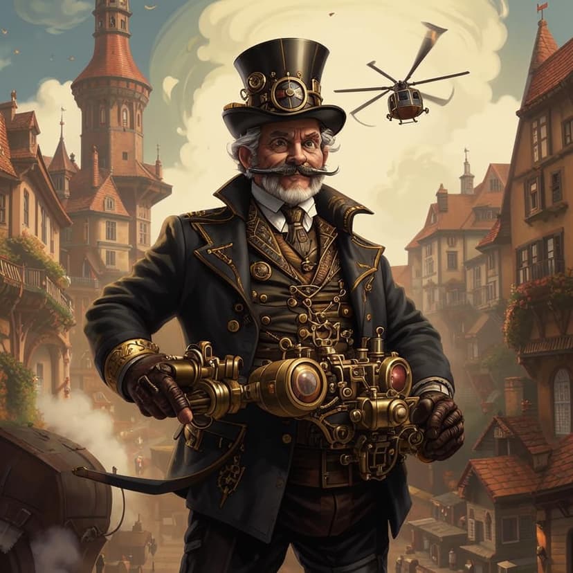 A small cheerful old man in a suit and a high hat flies over the streets of a medieval city in an old steam helicopter