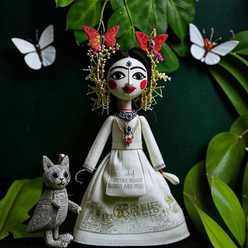Stop-motion animation handmade puppet of tall slim frida kahlo in a white linen dress with intricate white embroideries