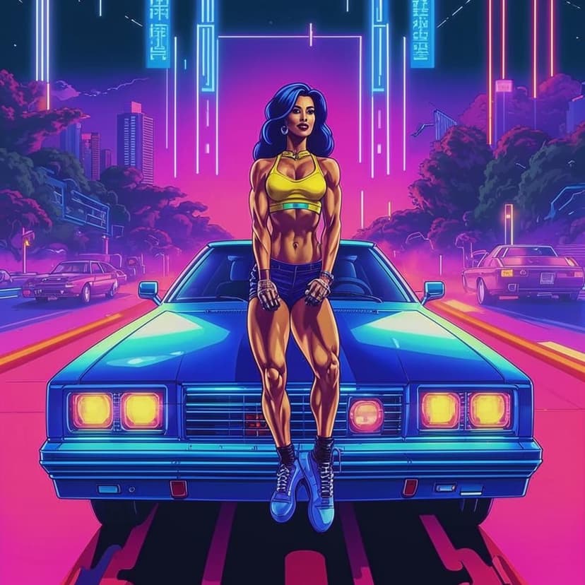 CHINESE Y2K POSTER OF BODYBUILDER FEMALE SITTING ON 1996 CHEVY IMPALA