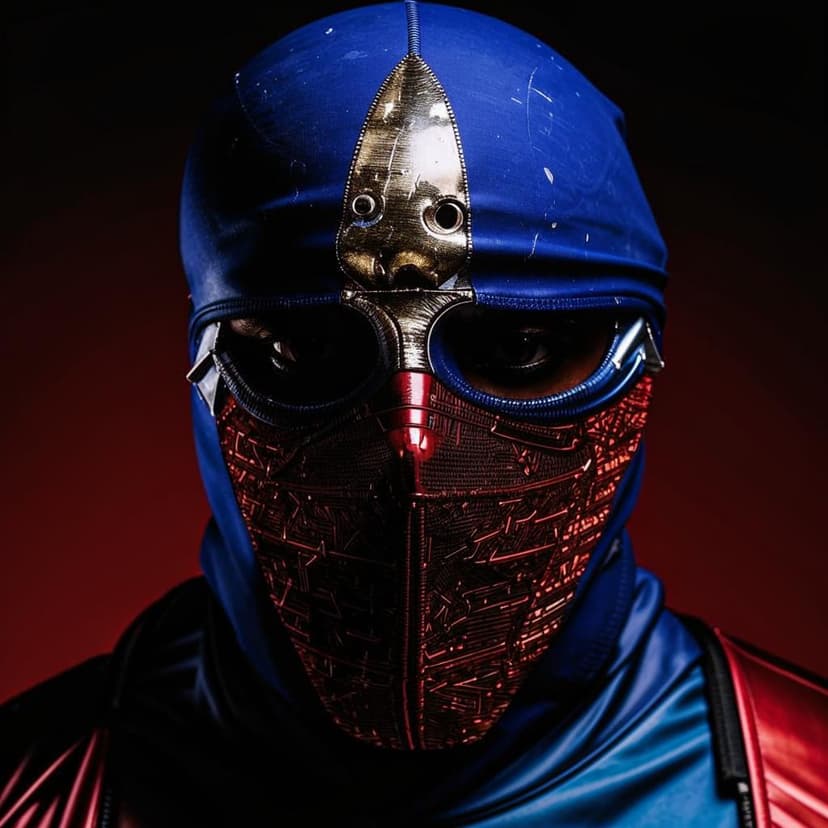 A powerful and intense Black African man wearing a balaclava strictly in the colors of PSG–deep blue