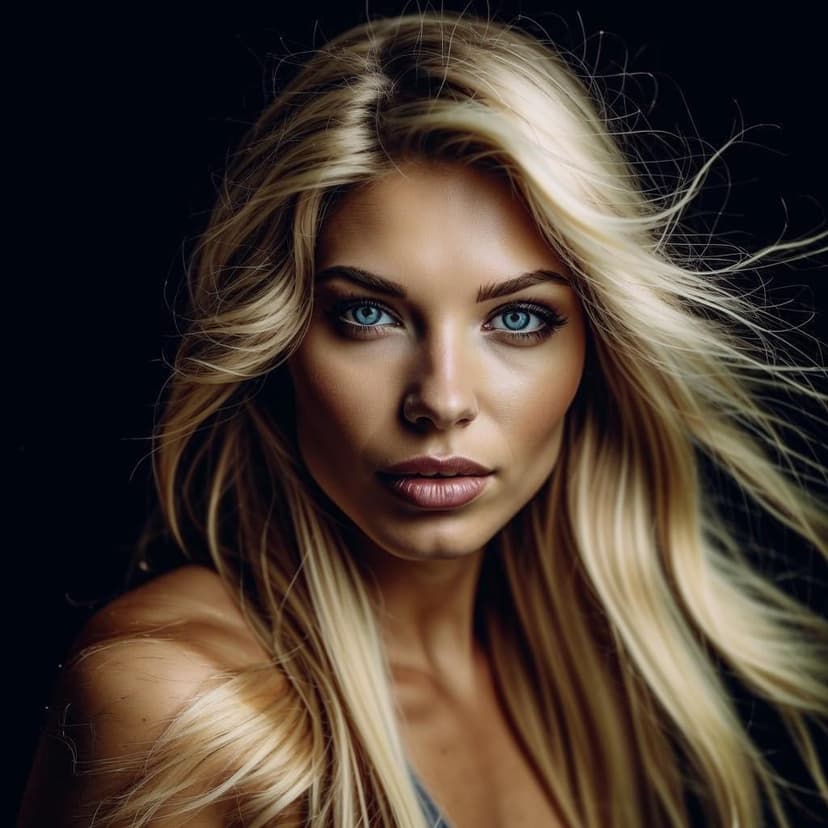 award winning photography of an perfect gorgeous caucasian blonde 30 year old woman. Thick lips. Long flowing blonde hair. sun tanned skin. Clear silver-blue eyes with smoky eye makeup. Black background. Award winning photography. Artistic shot. Weird angle shot.