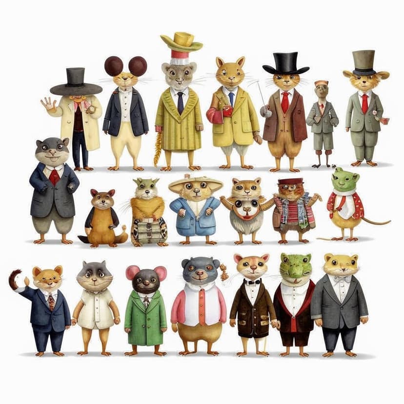 Thirty cute and smiling dressed animals stand in a line