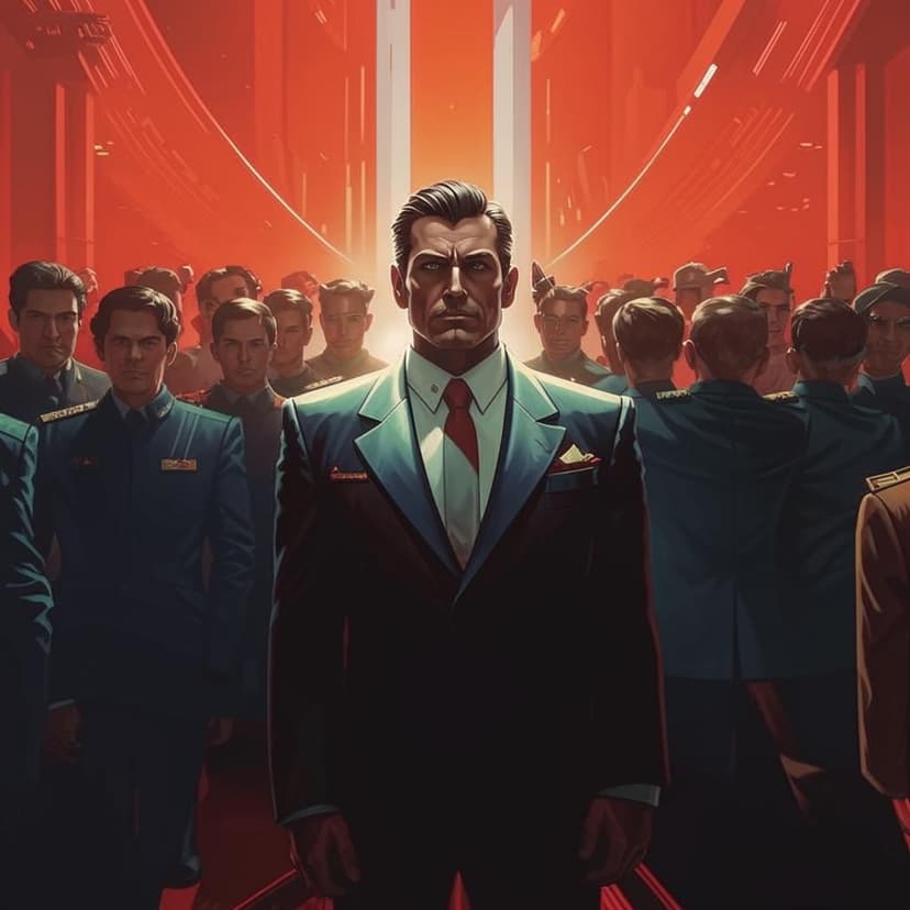 Classical propaganda portrait of an 80s futuristic tyrant leader looking at the camera as followers bow before them
