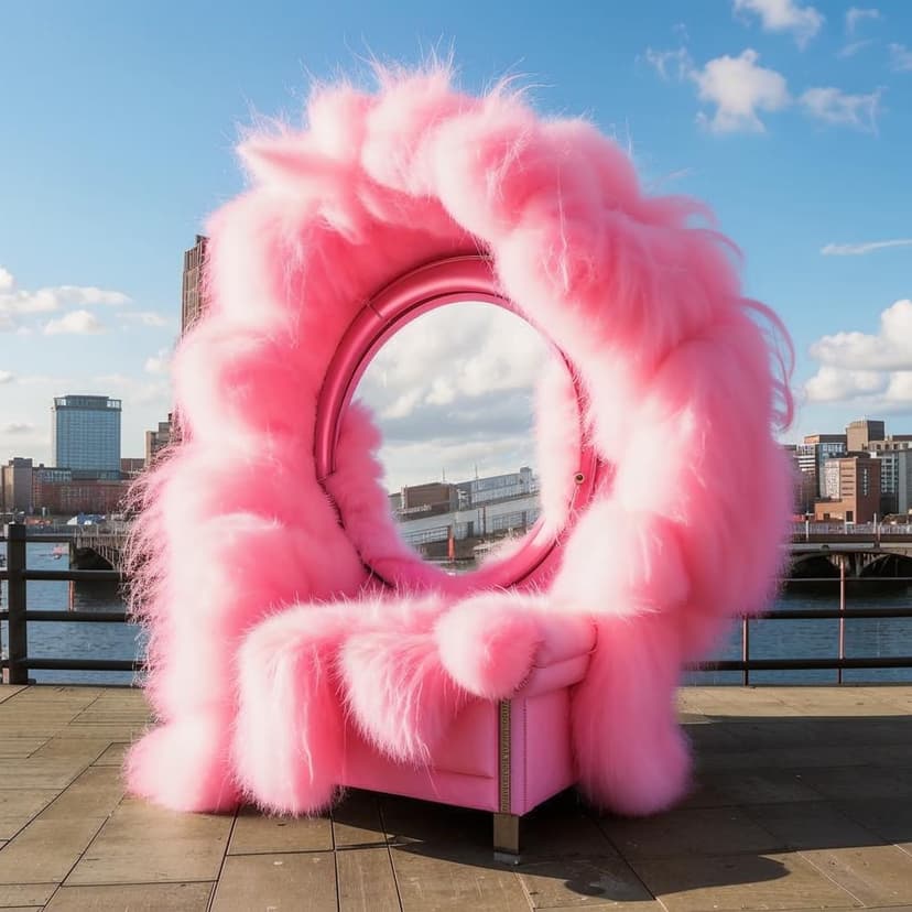 Modern vanity mirror connected to armchair completely made out of pink clouds and covered in pink fluffy hair standing in Newcastle. Background buildings include the Tyne Bridge. Very realistic