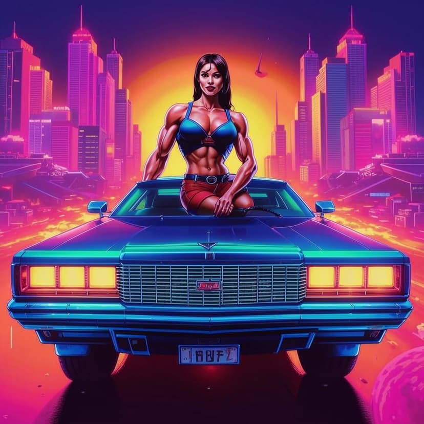 CHINESE Y2K POSTER OF BODYBUILDER FEMALE SITTING ON 1996 CHEVY IMPALA