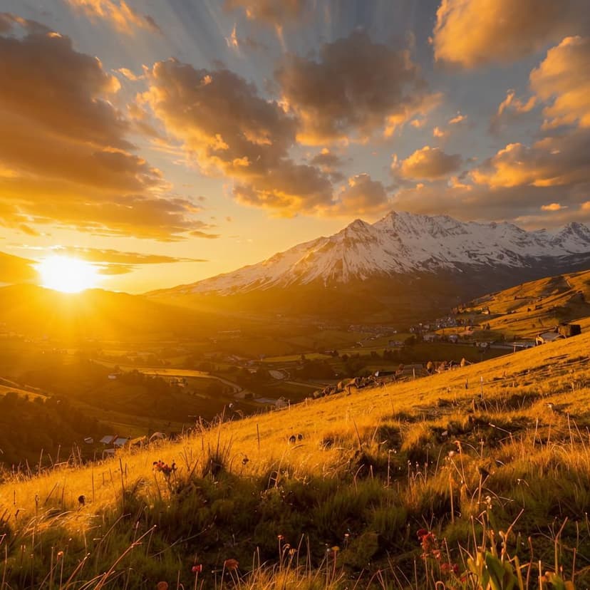 The golden light of the setting sun shines on the tall snowy mountains. It is shining