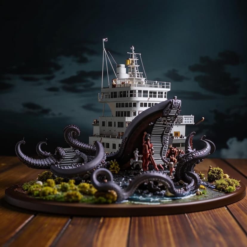 A miniature model scene with a low brown wooden base