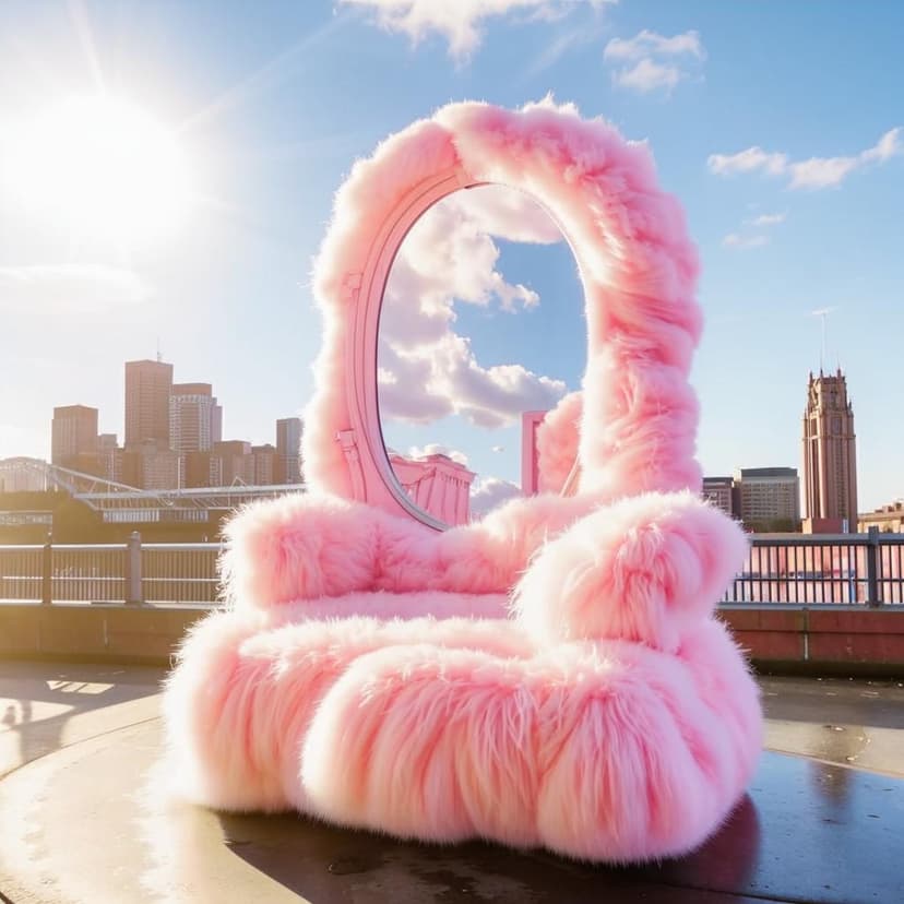 Modern vanity mirror connected to armchair completely made out of pink clouds and covered in pink fluffy hair standing in Newcastle. Background buildings include the Tyne Bridge. Very realistic