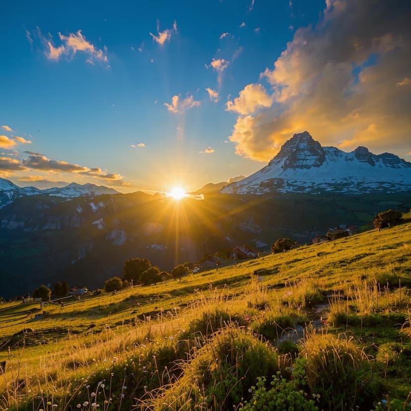 The golden light of the setting sun shines on the tall snowy mountains. It is shining