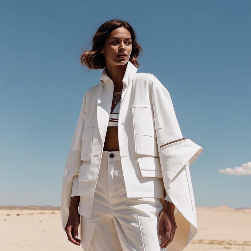 Summer campaign photo of a white deconstructed jacket with a minimalist cut. Without rigid padding or lining. Relaxed yet elegant fit with clean lines. Pockets at the bottom without flaps. Soft