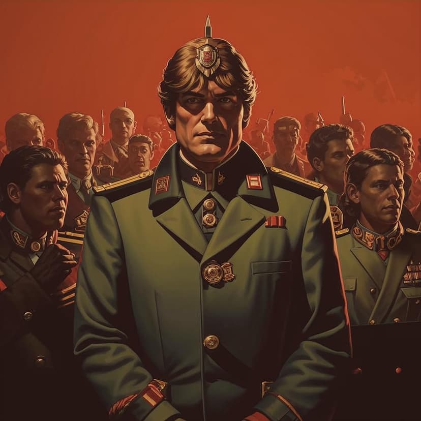 Classical propaganda portrait of an 80s futuristic tyrant leader looking at the camera as followers bow before them
