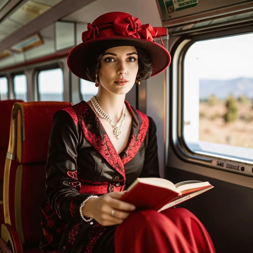 elegant brunette with short dark hair wearing a red cloche hat