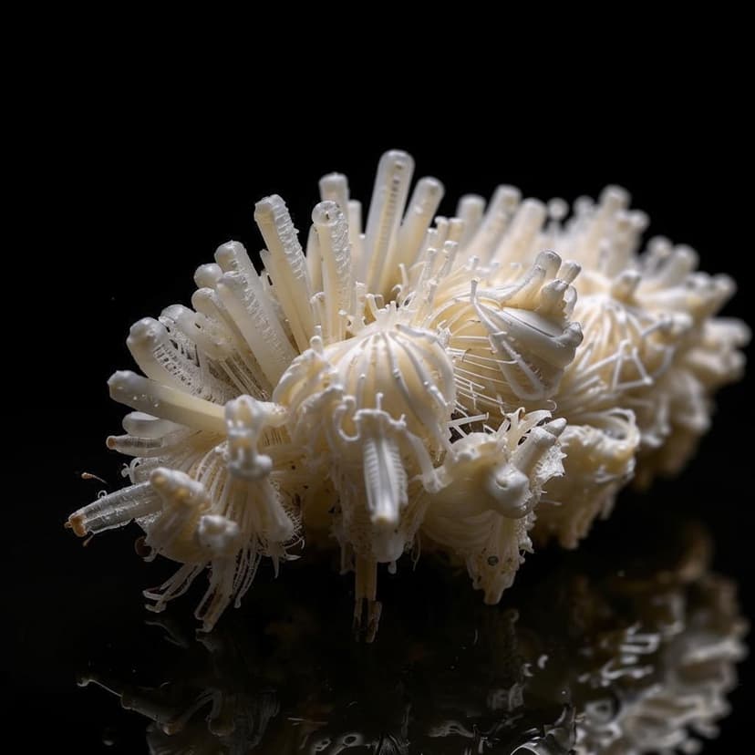 Realistic photo in natural style of a completely white gypsum plankton seen from the side on a black background