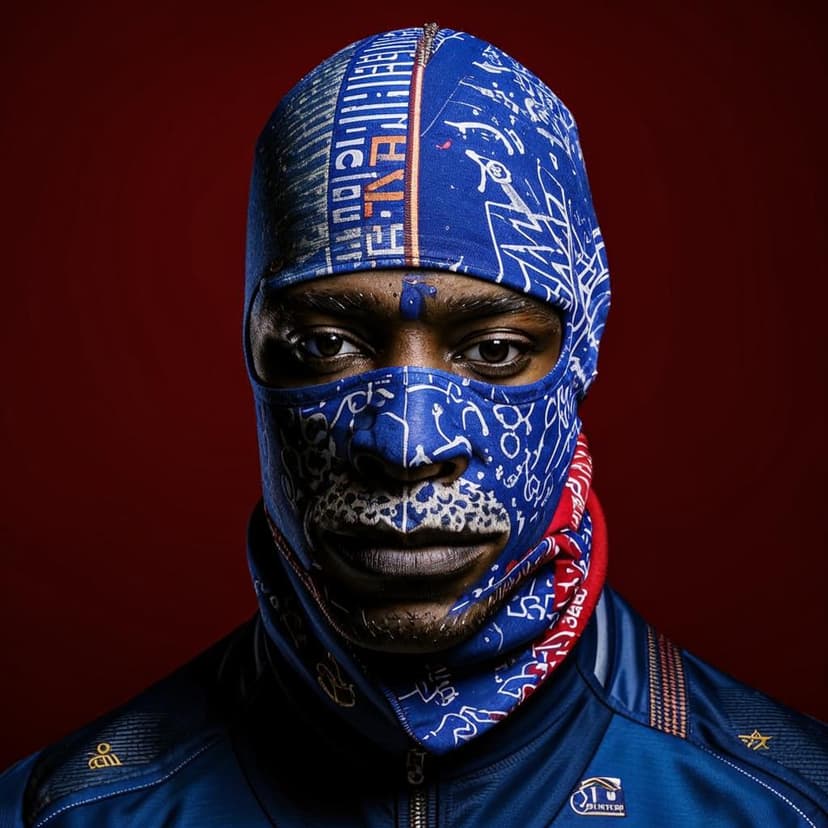 A powerful and intense Black African man wearing a balaclava strictly in the colors of PSG–deep blue