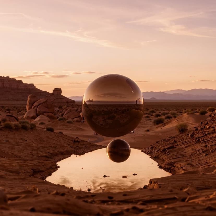 “A dreamy landscape with a mirror-like ball suspended in mid-air