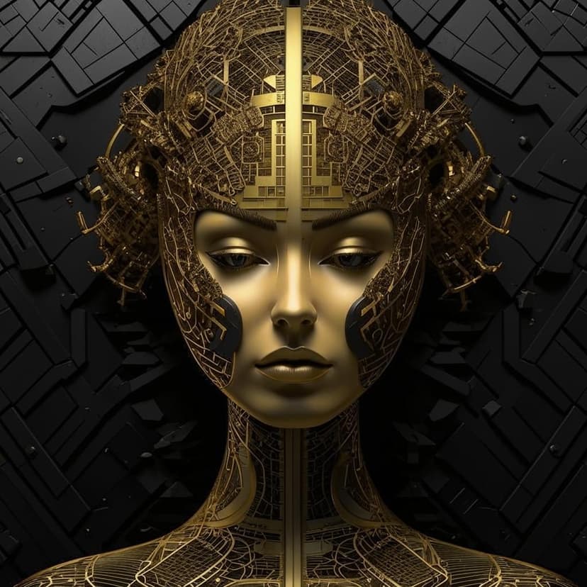 A woman’s head made of gold and black metal