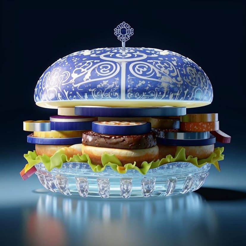 A gourmet hamburger crafted from intricate Renaissance-patterned glass