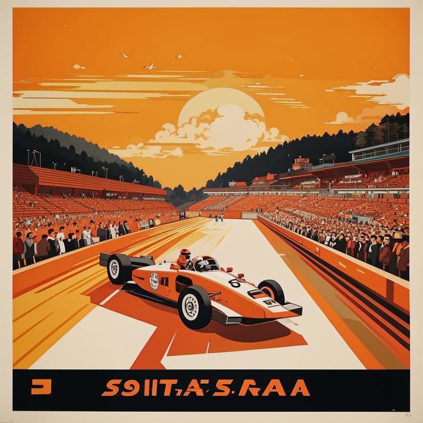 A vintage travel poster of a white formel 1 race car on a orange colored race track