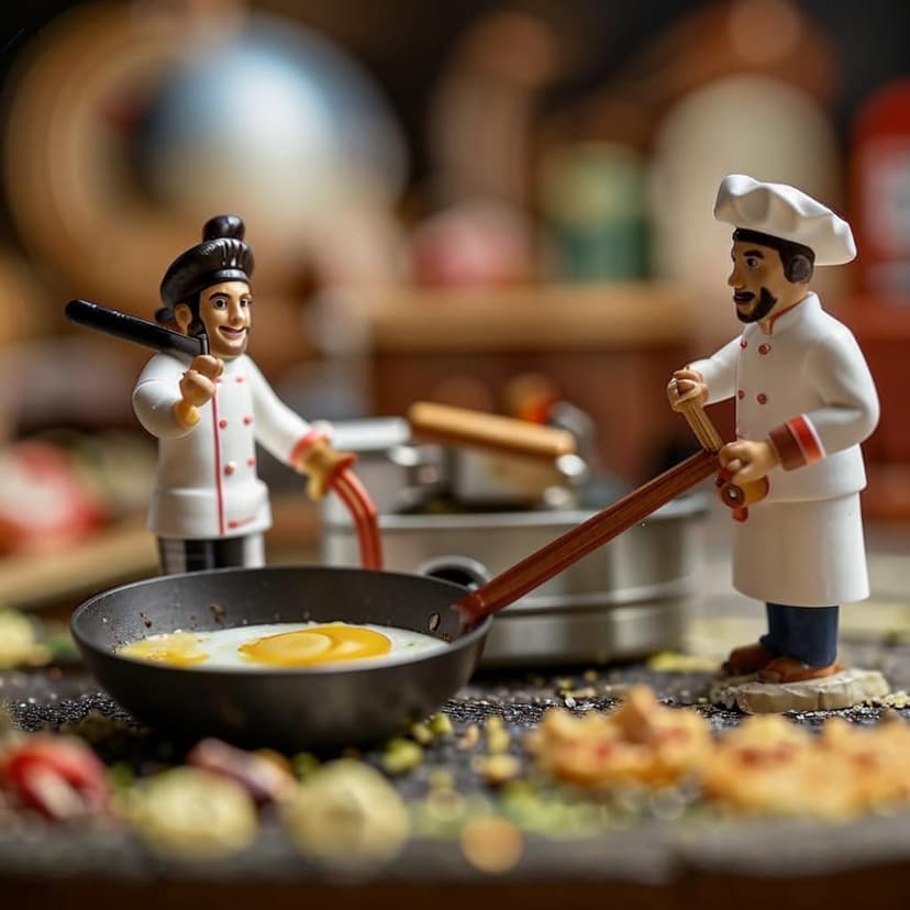 A hyper-realistic miniature scene of tiny chefs cooking an egg in a frying pan on a stovetop. One tiny chef is standing on the handle