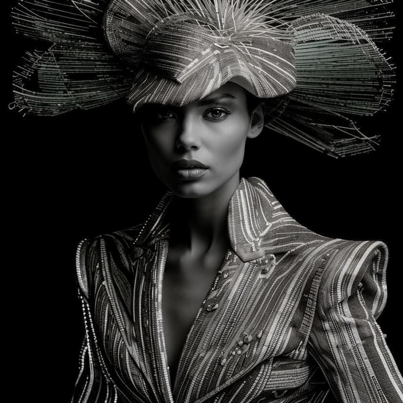 Black and white photography of a high-fashion woman wearing a silver beaded suit