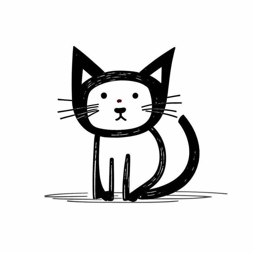 Ultra-minimalist black and white stick figure drawing of a cat