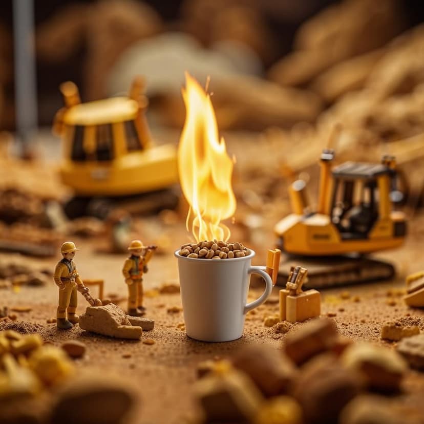 A cinematic macro shot of a tall white paper cup standing in a miniature pistachio land. Tiny construction workers in yellow safety gear are using industrial torches to lightly toast the foam on top of the cup. The foam is bubbling and caramelizing slightly
