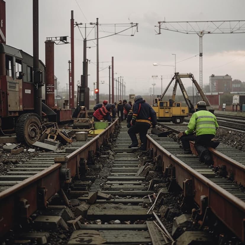 Emotional photograph of dismantled train tracks being loaded onto trucks