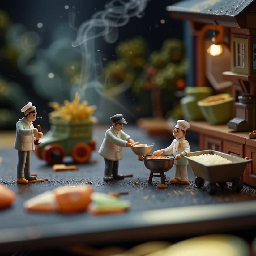 A hyper-realistic miniature scene of tiny chefs cooking an egg in a frying pan on a stovetop. One tiny chef is standing on the handle